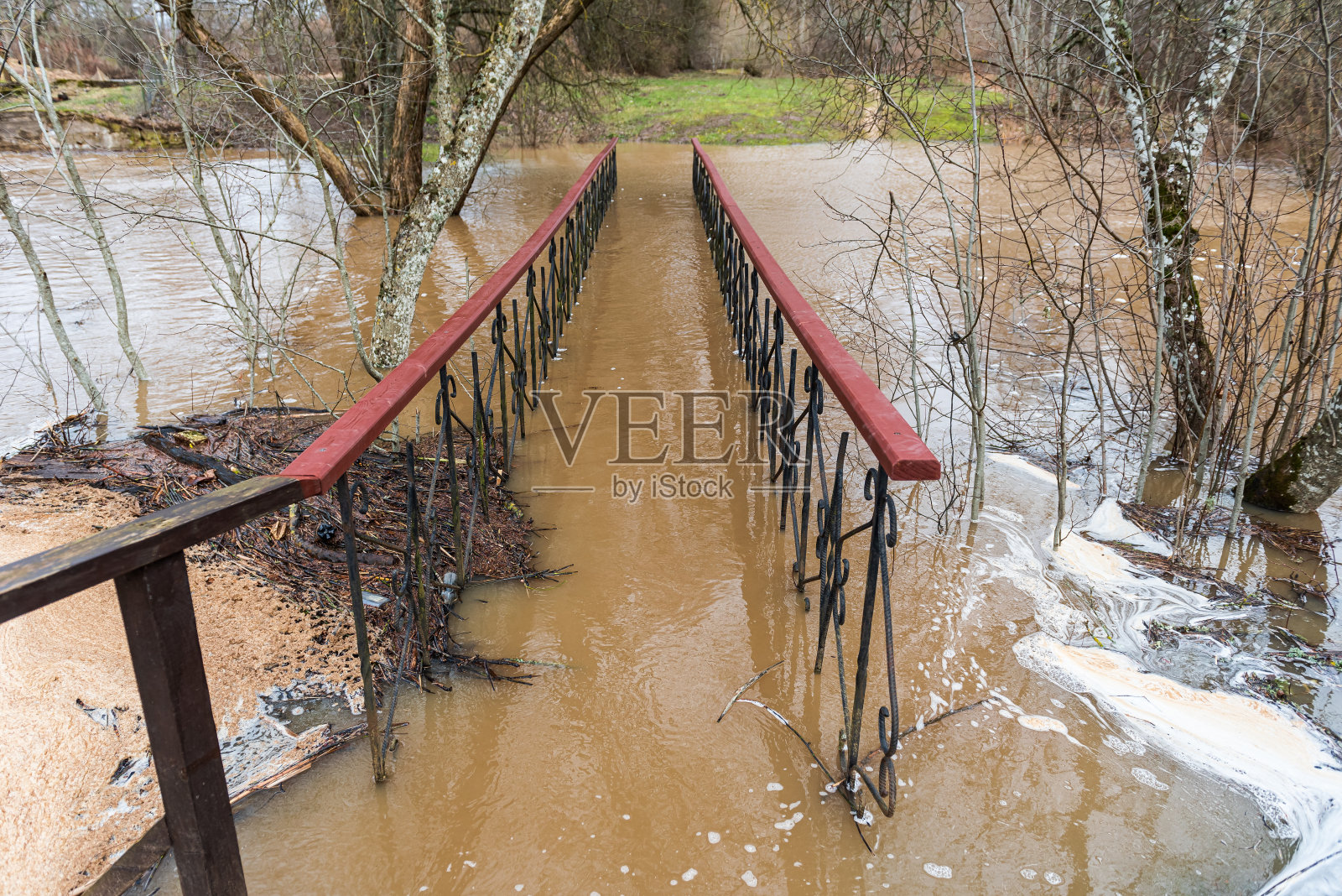 拉脱维亚兰基，春天的一天，被水淹没的人行天桥和树木。照片摄影图片
