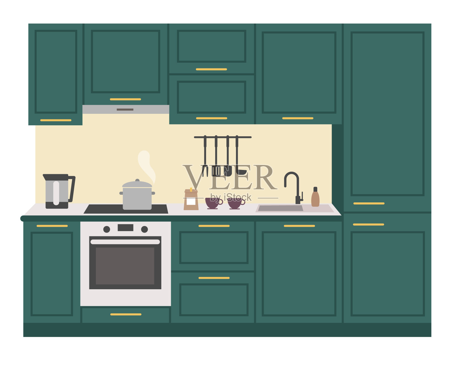 现代厨房内部。厨房家具、用具和用具。孤立图像在白色。平面风格的矢量插图插画图片素材