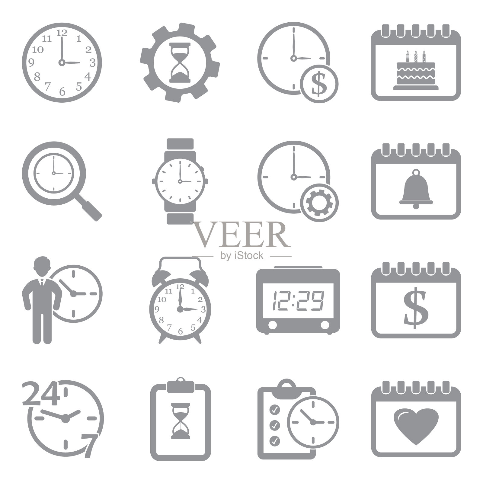 时间和日期图标。灰色的平面设计。矢量插图。图标素材