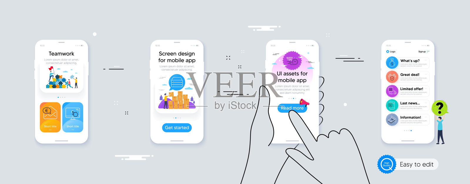 一套保险手，钱袋和快速提示线图标。为设计。向量插画图片素材