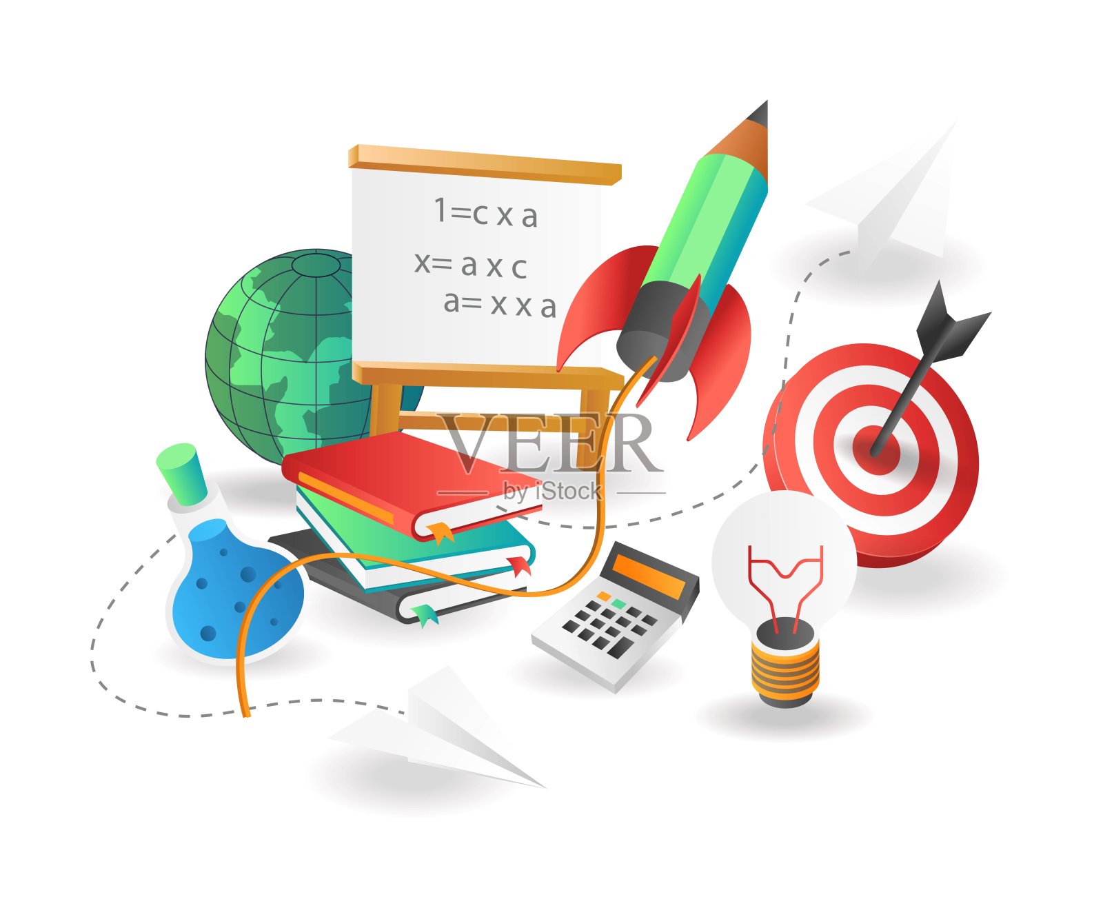 平面等距插图概念。成绩优异的学生在火箭发射上回到学校插画图片素材