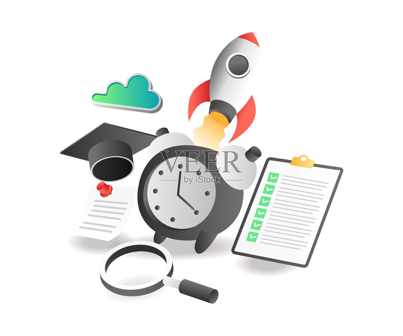 平面等距插图概念。火箭发射计划时间插画图片素材