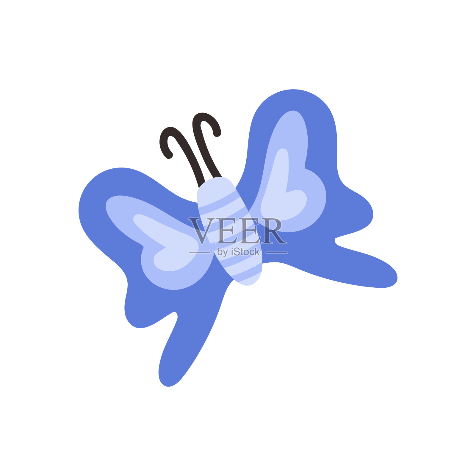 可爱幼稚的蝴蝶与紫色的翅膀孤立在白色的背景。卡通矢量插图。小蝴蝶飞。插画图片素材