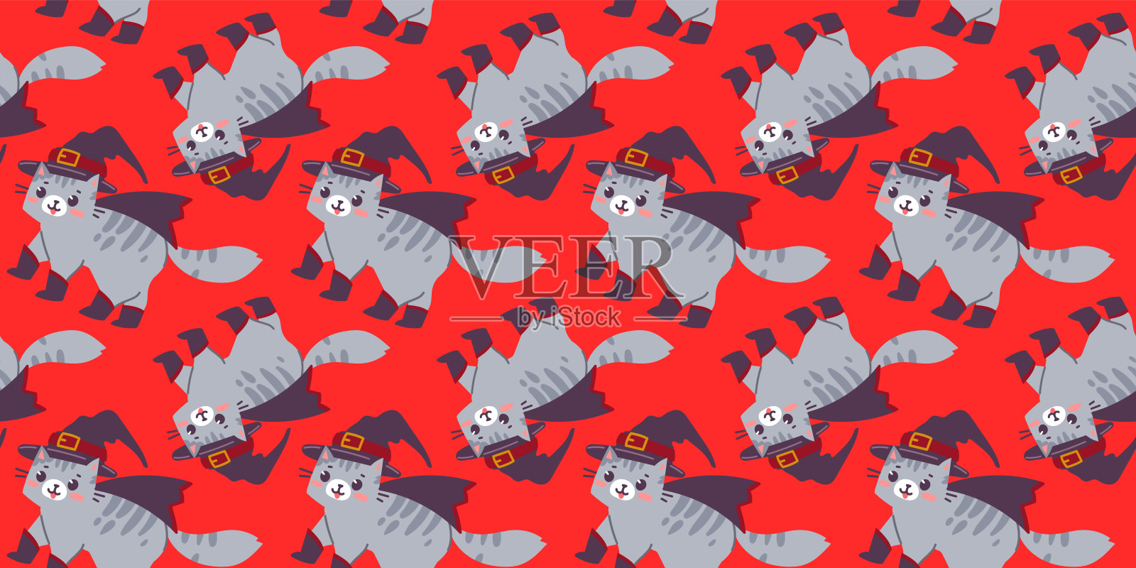 向量无缝的图案与快乐可爱的条纹灰色猫角色在女巫的帽子和靴子上的红色背景。平面线艺术风格设计的走兽猫插画图片素材