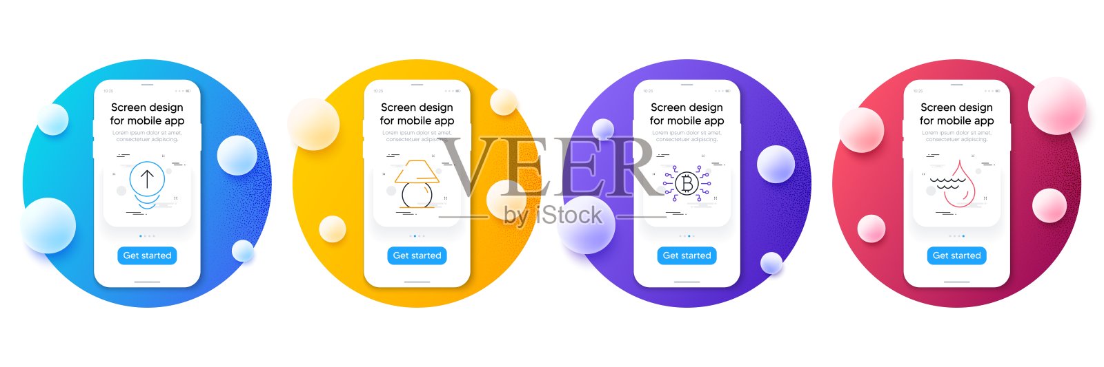 最小的一组向上滑动，比特币系统和表灯线图标的web开发。为设计。向量插画图片素材