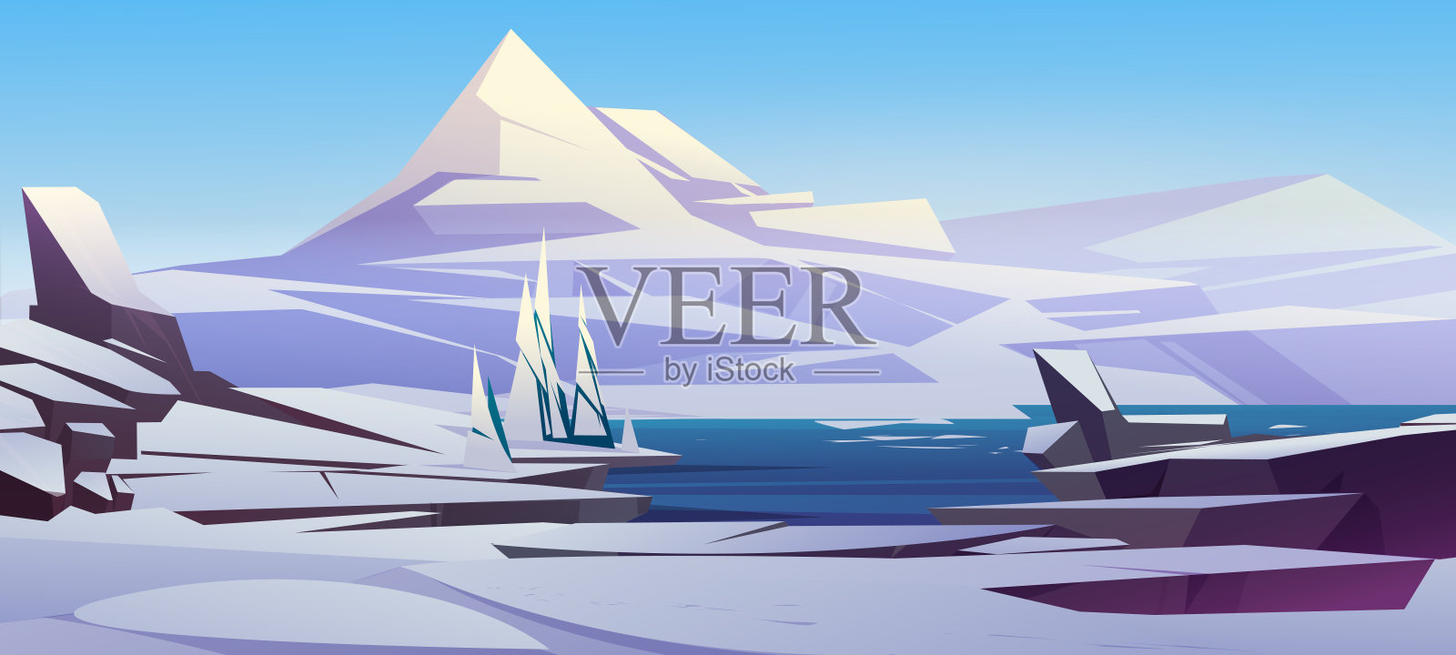 有山脉、冰雪和大海的北欧景观插画图片素材