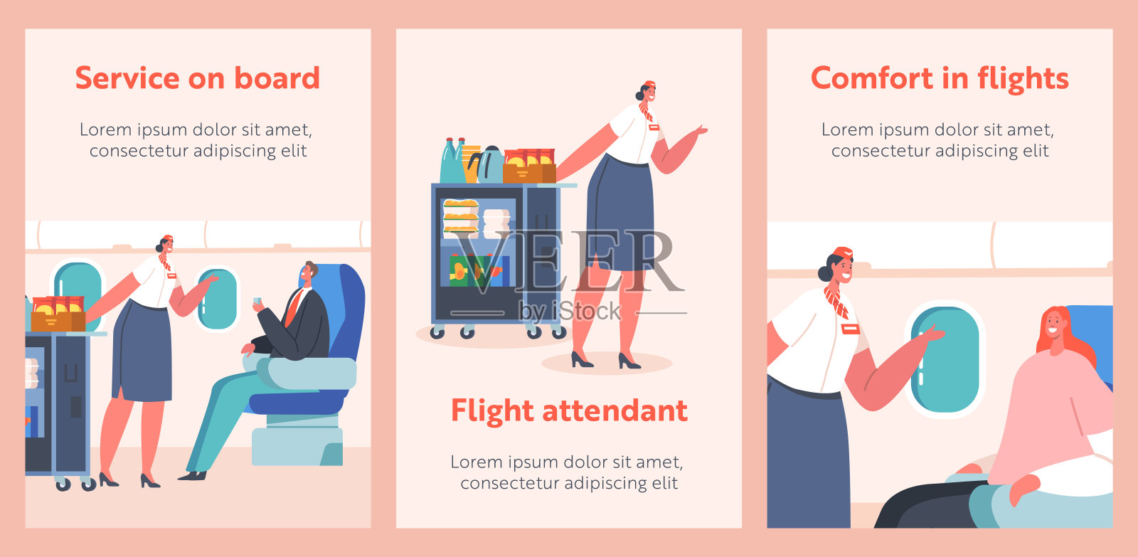 航空运输服务条幅。空中小姐用手推车为坐在经济舱椅子上的乘客服务插画图片素材