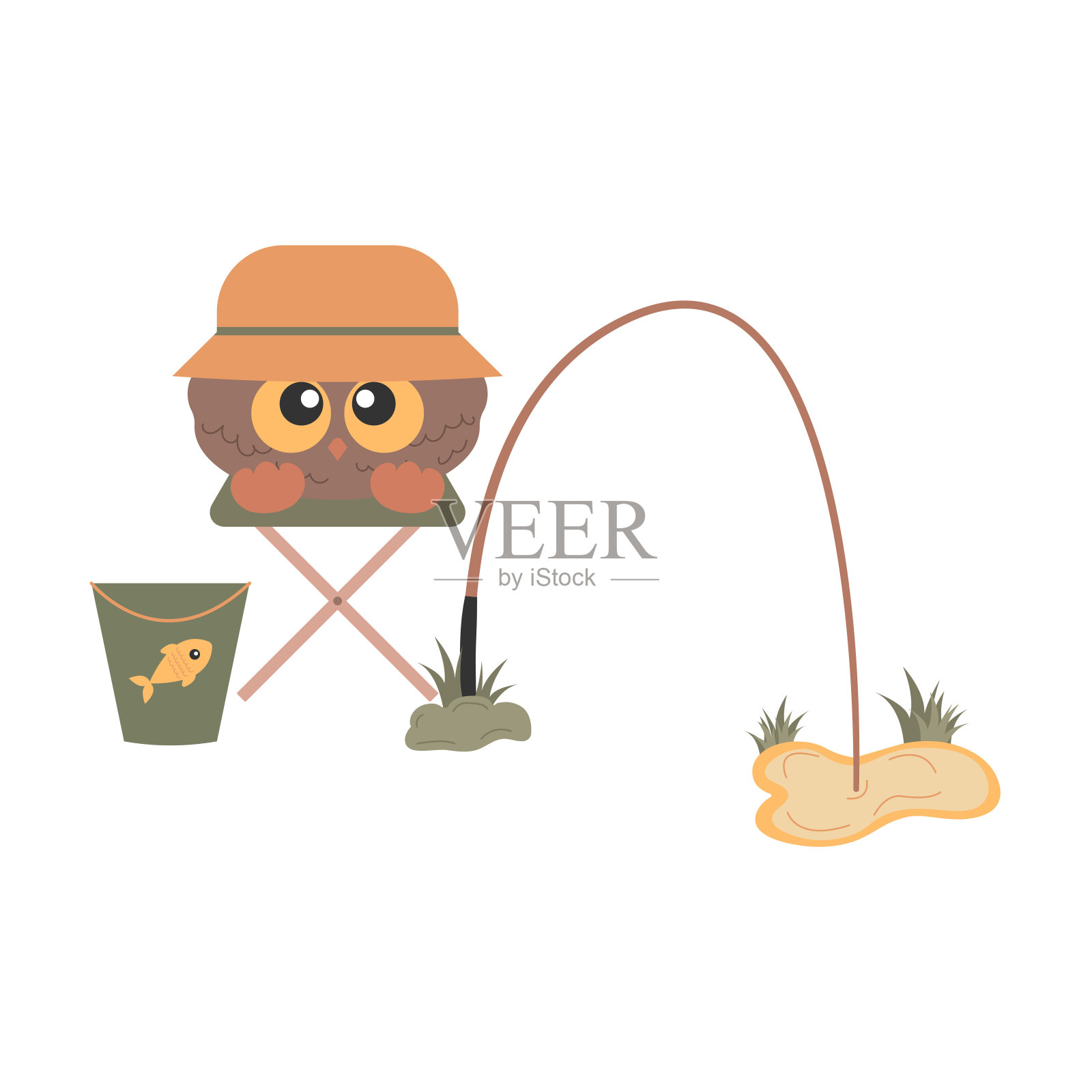 可爱的小鸟猫头鹰大眼睛渔夫坐在钓竿旁的椅子上插画图片素材