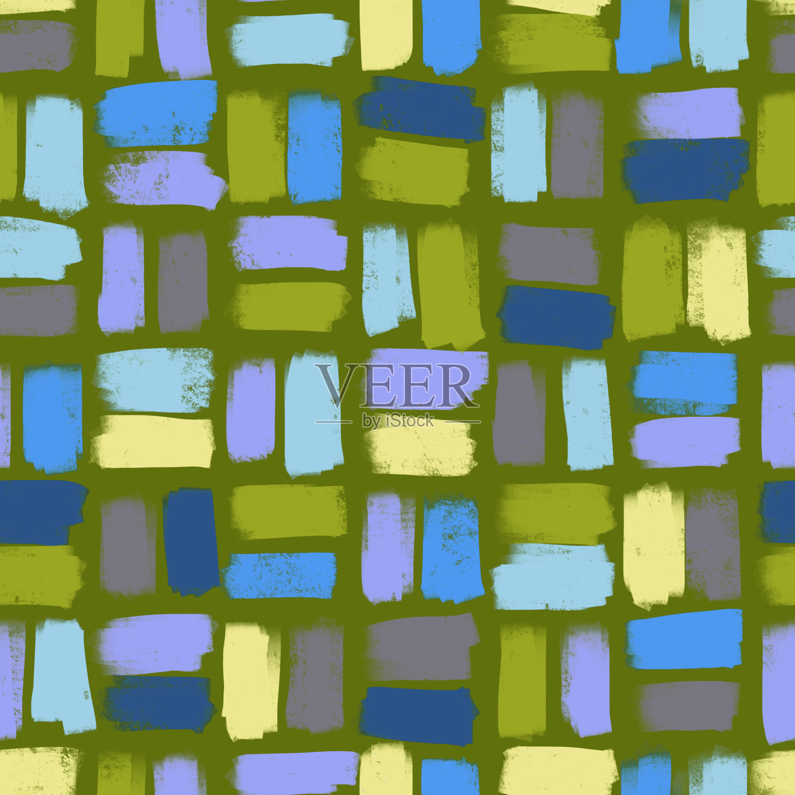 极简主义的无缝图案，由色彩丰富的块。抽象的几何解释。马赛克装饰。时尚的交叉条纹纹理。装饰广场的形状。现代潮人的风格。插画图片素材