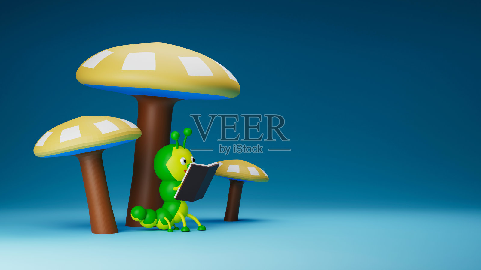 一只虫子在蘑菇下看书，3D渲染插画图片素材