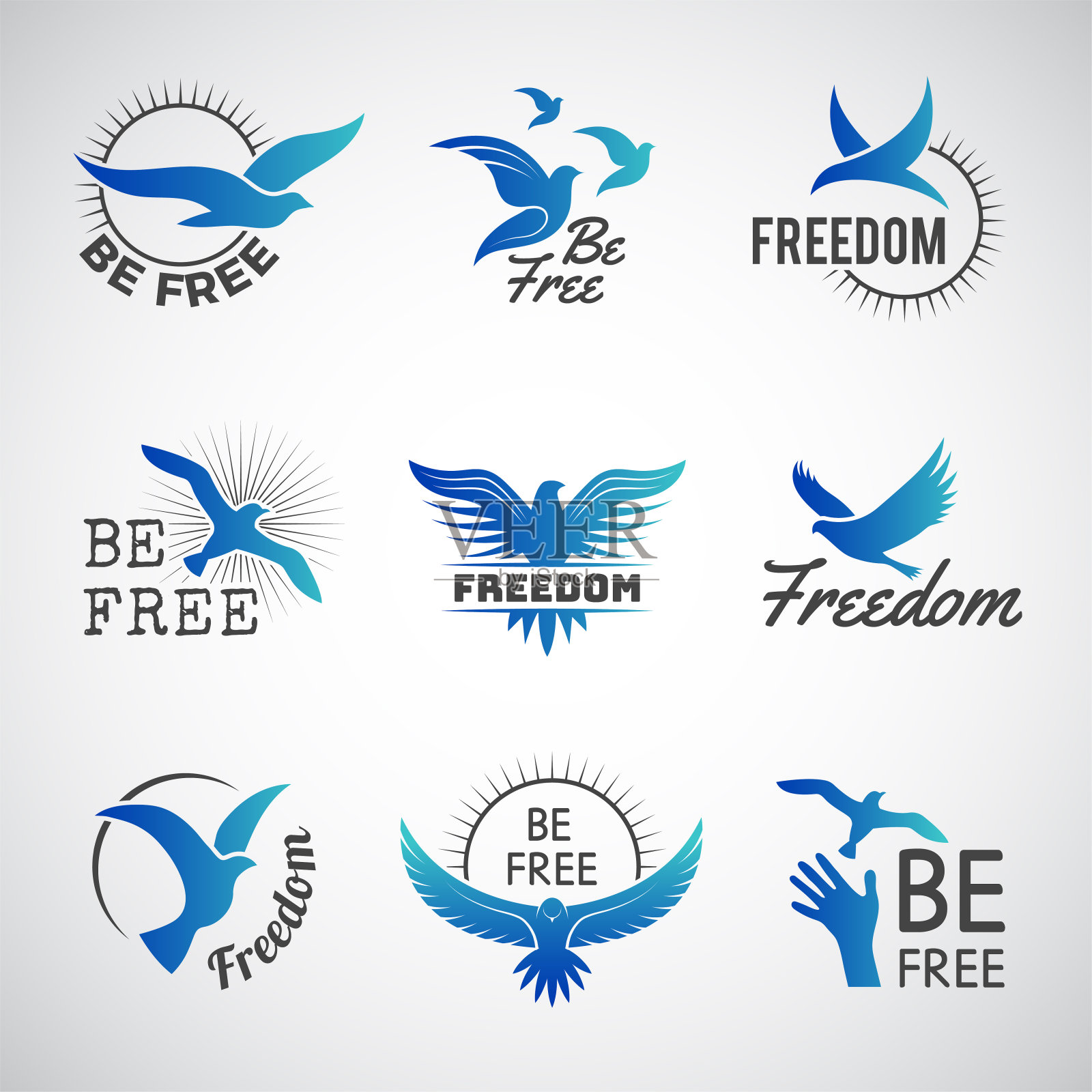 自由的标志。商业身份符号与飞行的鸟剪影和写作积极的灵感短语最近向量模板设置插画图片素材