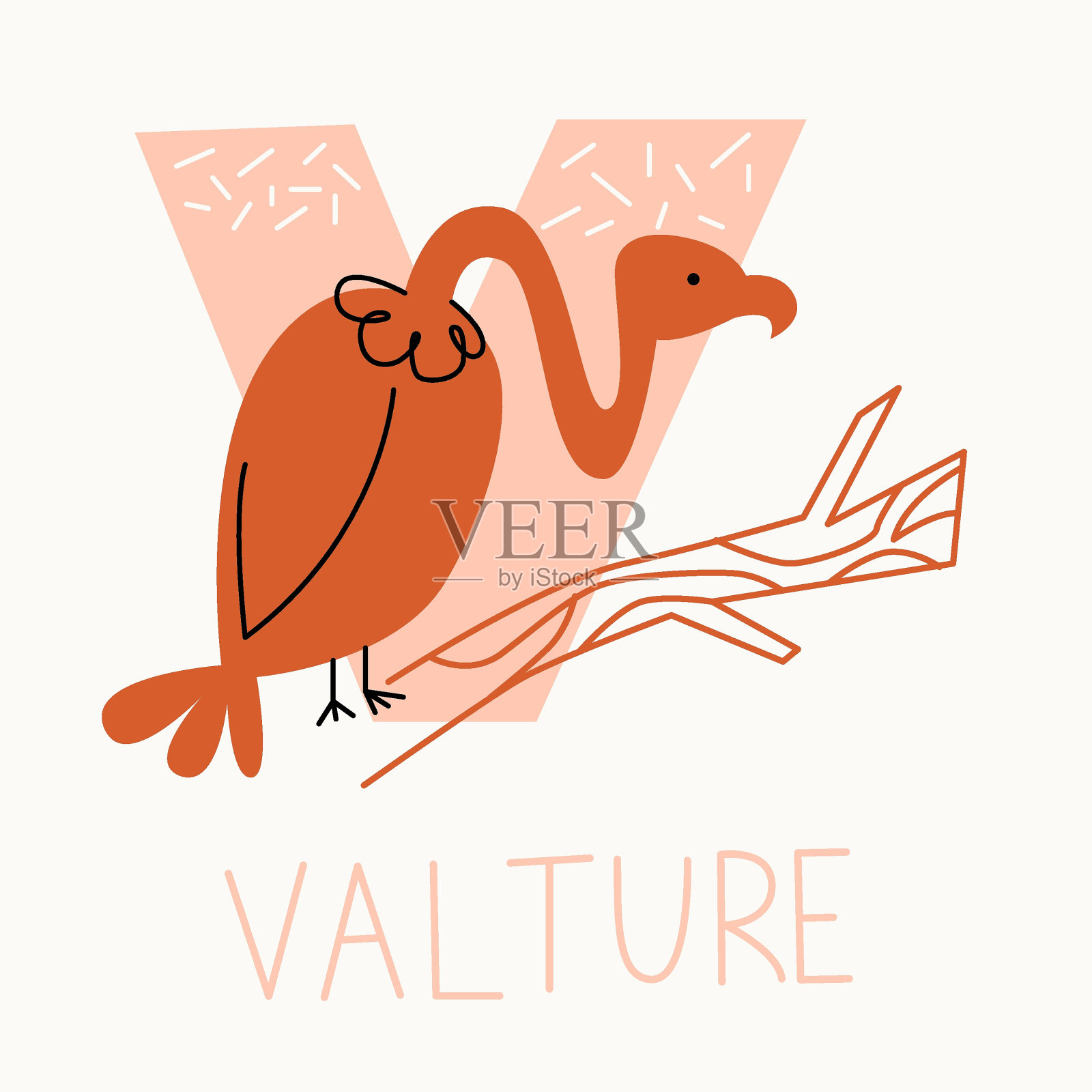 向量平面插图的儿童字母表。背景中的字母V和一个值。插画图片素材