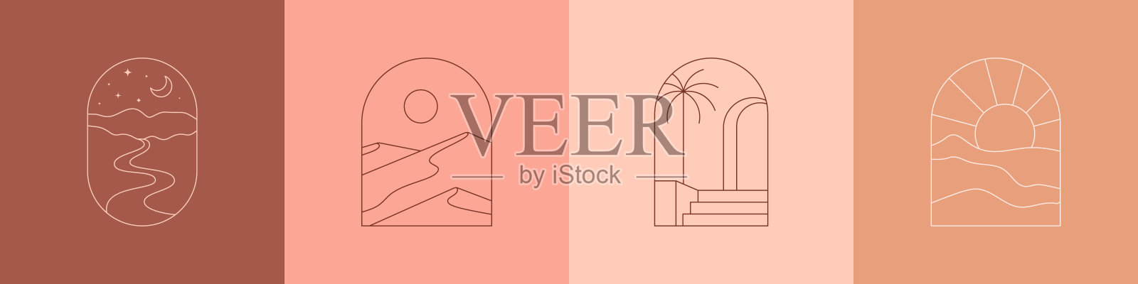 波西米亚景观插图设置在时尚的最小的眼线风格。矢量波西米亚标签与沙漠，山，太阳和月亮插画图片素材