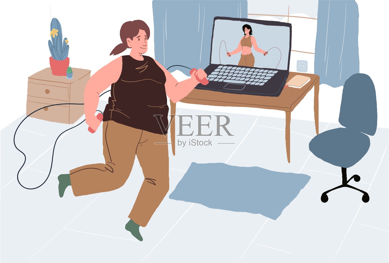 平面卡通女性角色在室内做体育活动，体育在线应用程序采用矢量插图概念插画图片素材