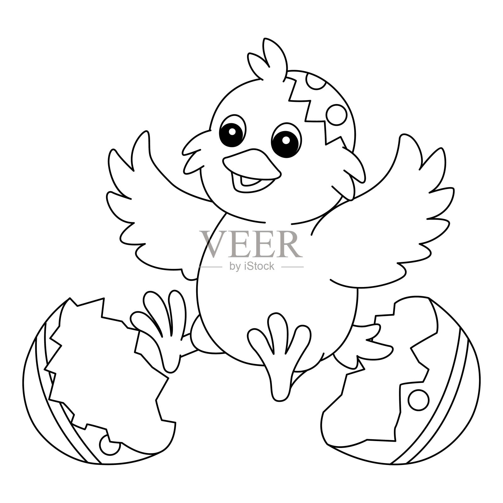 小鸡弹出在复活节鸡蛋孤立的着色页插画图片素材