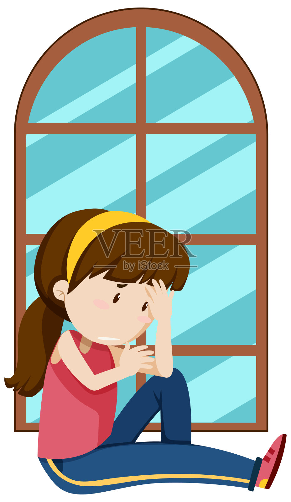 悲伤的女孩坐在窗边设计元素图片