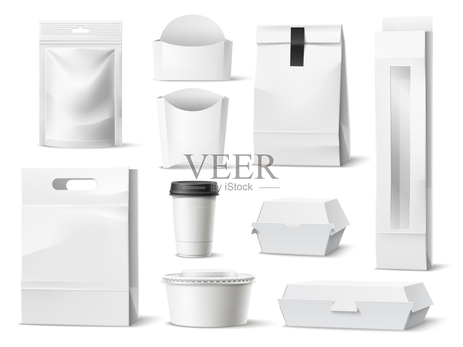街头食品包装。现实的纸外卖容器模板。空白的餐包。纸板箱和咖啡杯模型。空的零食包装。矢量3D一次性包装集插画图片素材
