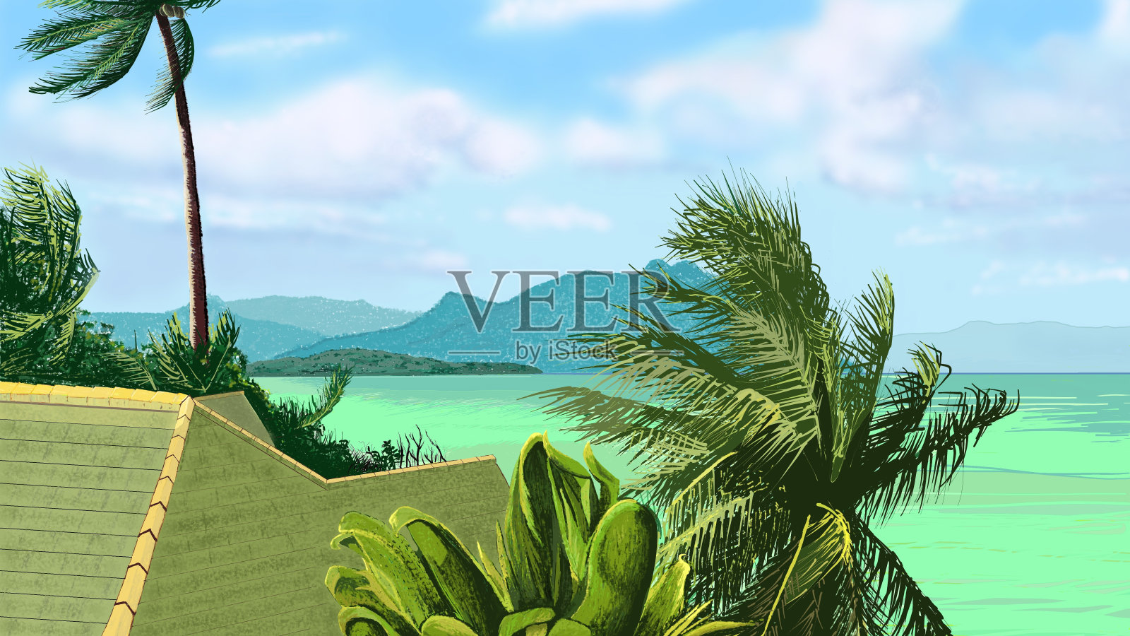 夏威夷郊外，棕榈树环绕的卡内奥赫湾插画图片素材