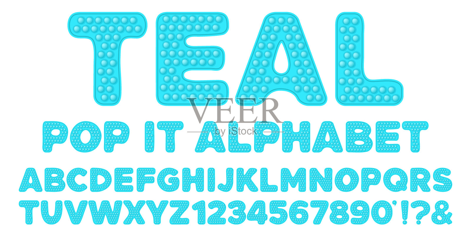 青色蓝色popit字母和数字设置在烦躁玩具风格。Pop it字体设计作为一个时髦的硅胶玩具烦躁在明亮的颜色。气泡感觉字母如popit。孤立的卡通矢量插图插画图片素材