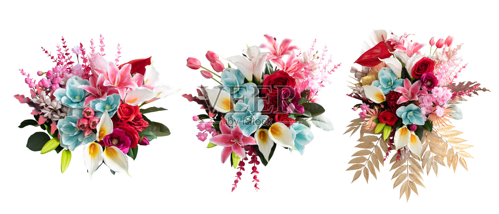 百合和玫瑰与叶子孤立在白色背景。美丽的花束。创意概念春花，剪枝路径包括。照片摄影图片