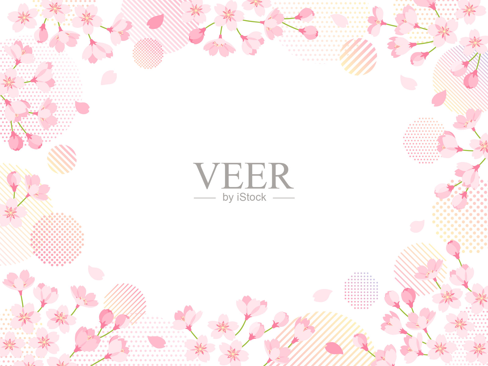 框架插图与粉红色的樱花和各种各样的点和条纹圆装饰插画图片素材