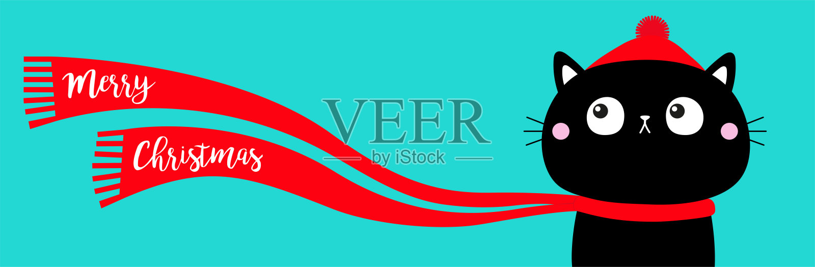 可爱猫咪头像，红色长围巾，卡通形象，宠物宝贝系列，圣诞贺卡，扁平设计，蓝色背景插画图片素材