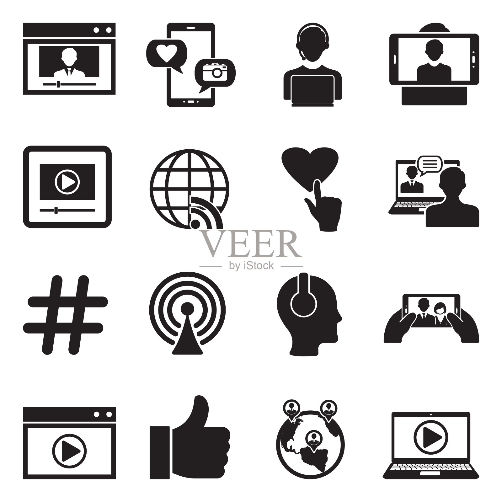 流媒体图标。黑色的平面设计。矢量插图。图标素材