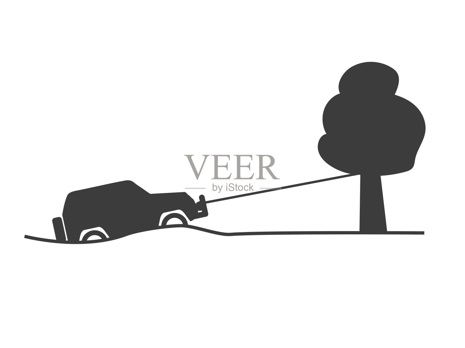 一辆被卡住的SUV被一根绳子和一棵树拉了出来插画图片素材