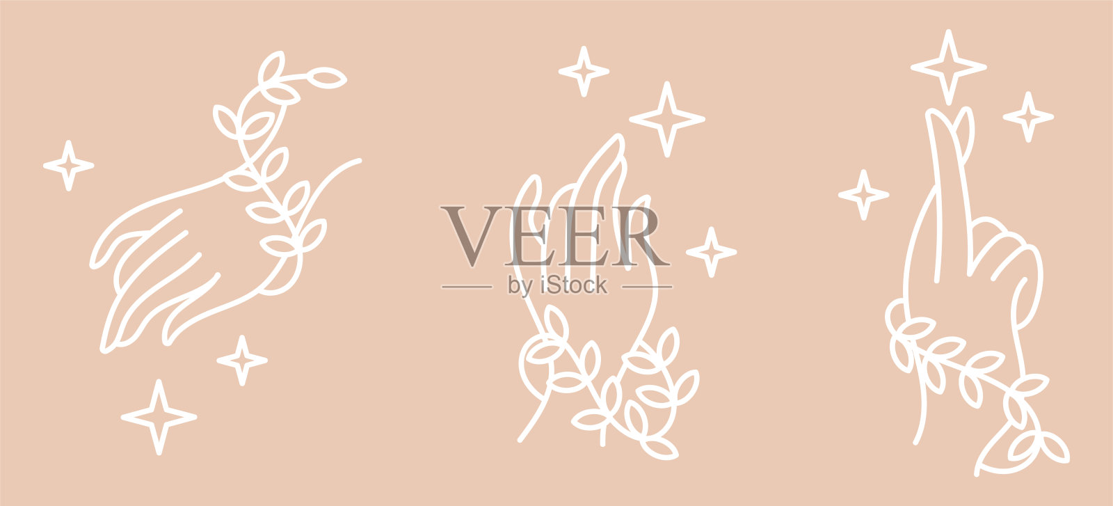 一套标志，元素与手，树叶和树枝的植物和星星在波西米亚风格。涂鸦,线。孤立的插图。插画图片素材