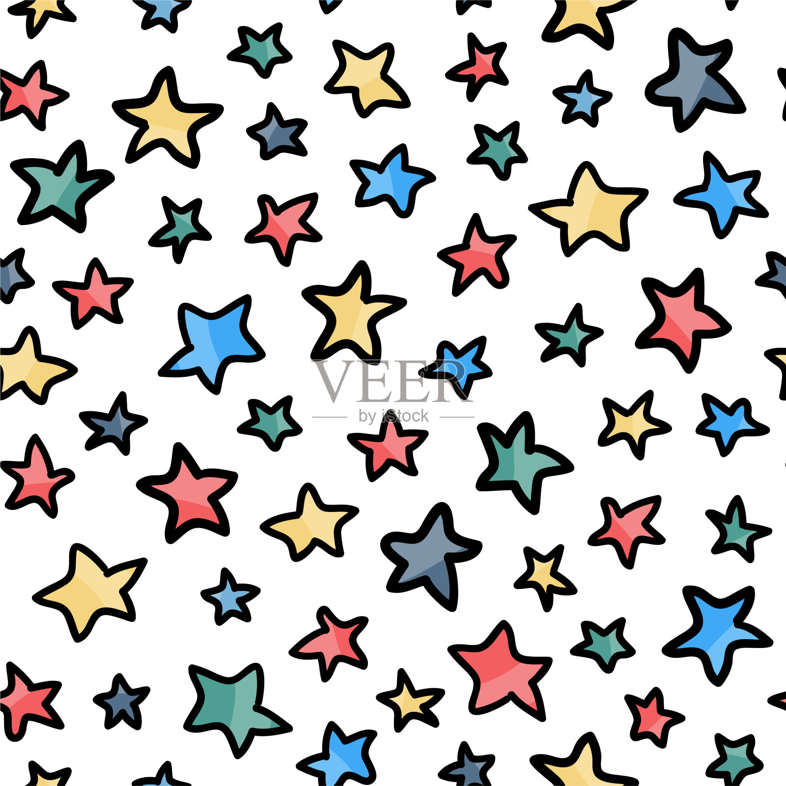 色彩鲜艳的无缝纸屑图案。涂鸦风格的轮廓星在透明的背景上无缝的图案纹理背景。生日派对装饰，快乐欢乐彩纸焰火矢。插画图片素材