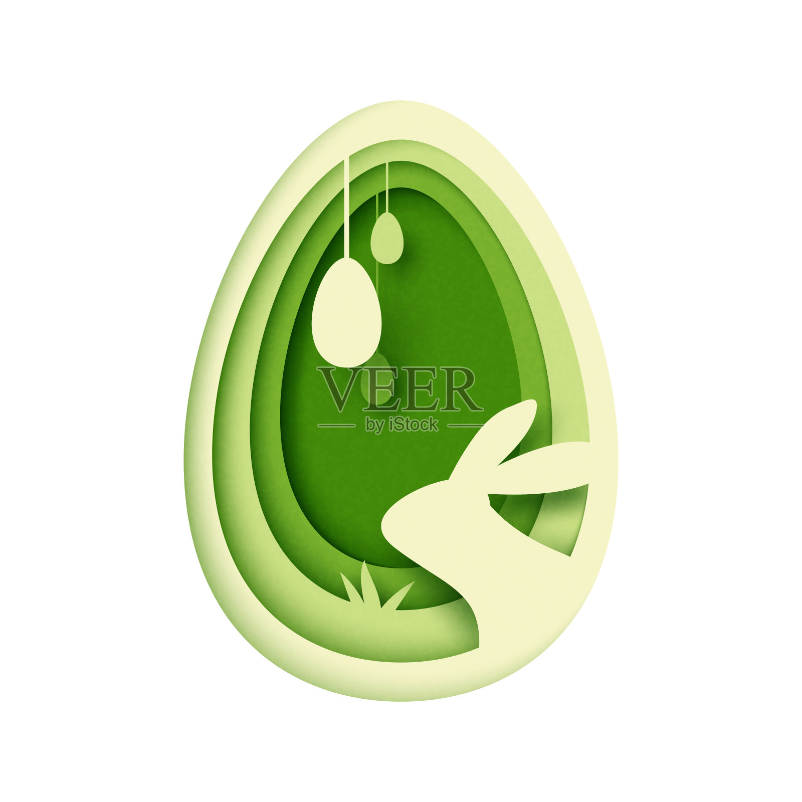 复活节快乐背景。复活节彩蛋和鸡蛋形状的兔子的纸艺术。矢量插图。插画图片素材