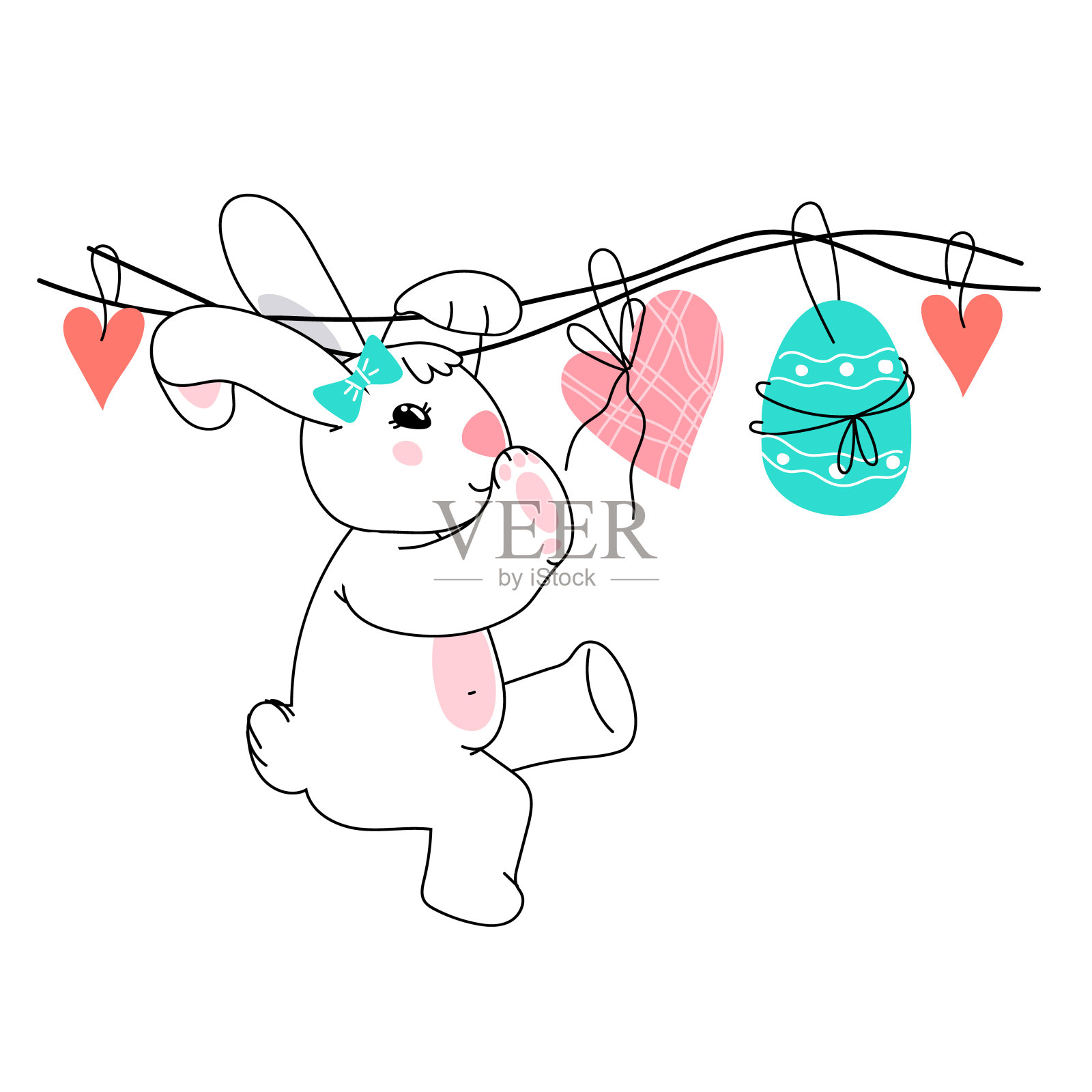 复活节兔子带着蛋和心。可爱的兔子或兔子复活节卡片或邀请。插画图片素材