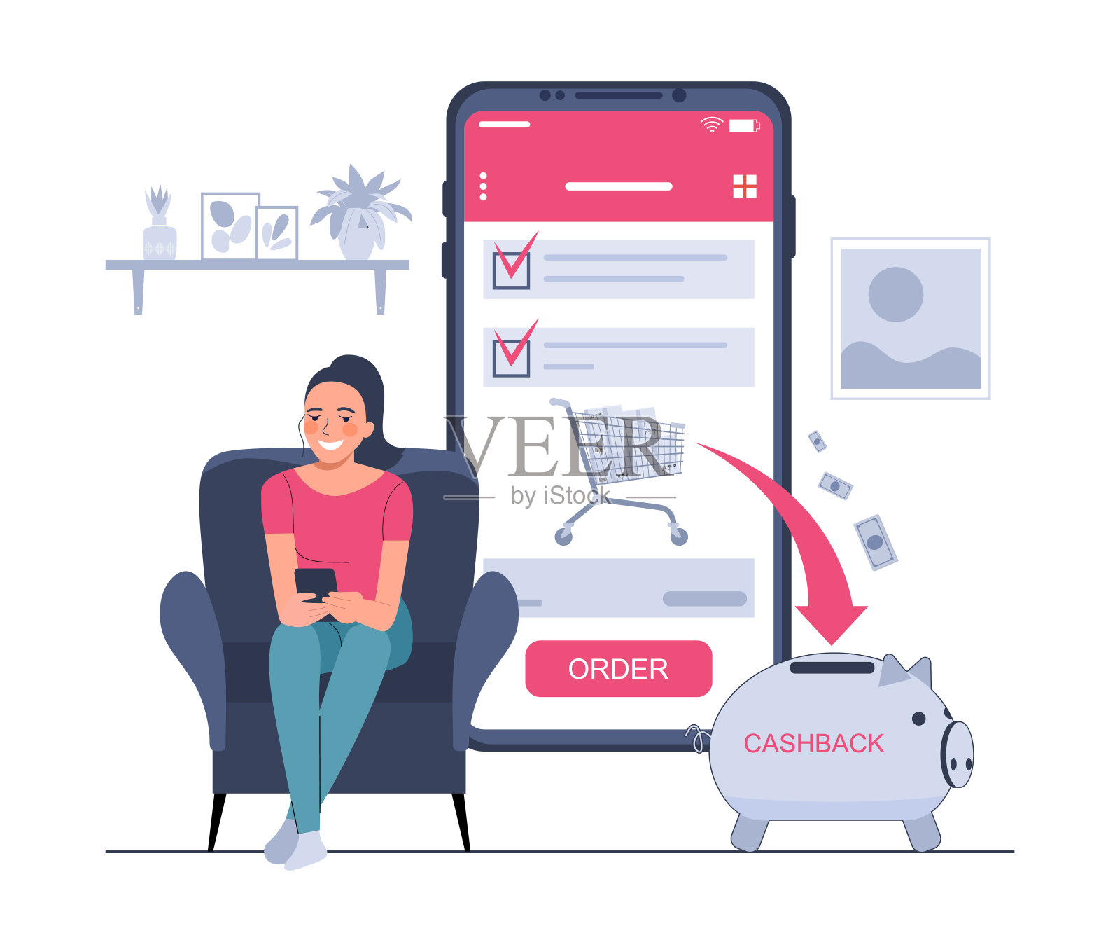 一名女子在网上商店用智能手机购物，并收到了退款。矢量插图。插画图片素材