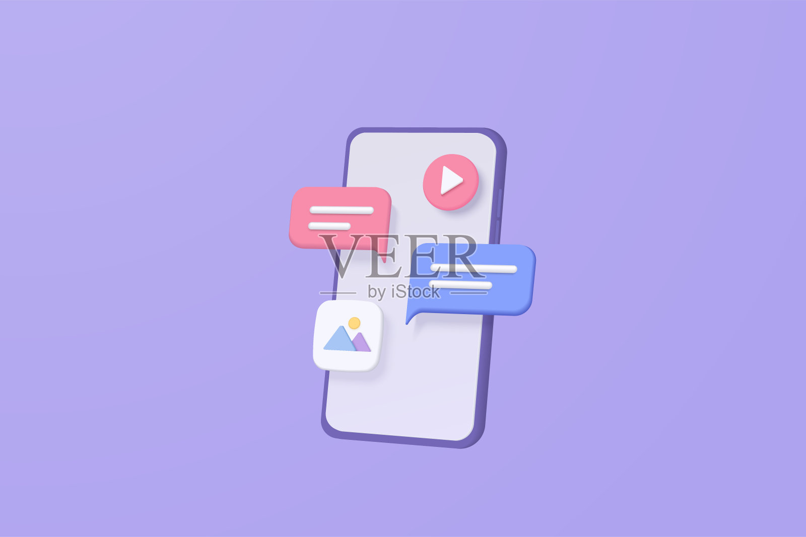 3D矢量社交媒体与视频和照片在气泡平台，在线社交文字替换在语音概念，表情符号，聊天语音，聊天信息与紫色背景3D矢量图标素材