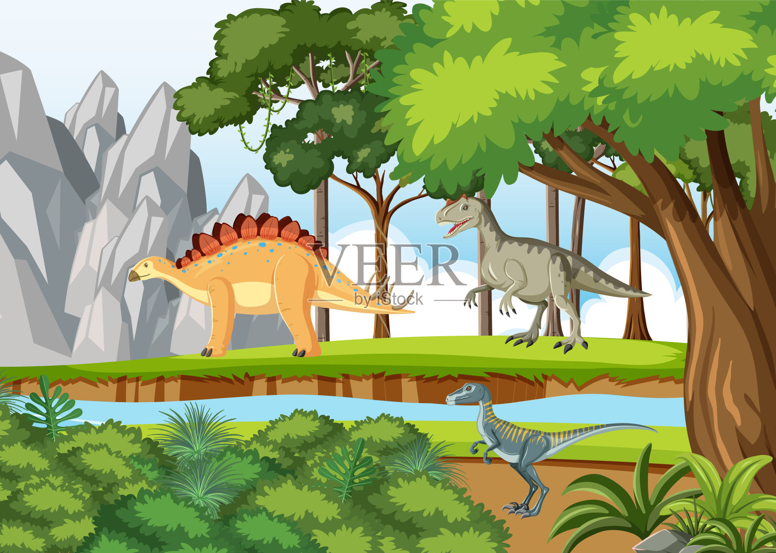 恐龙聚集在河边插画图片素材