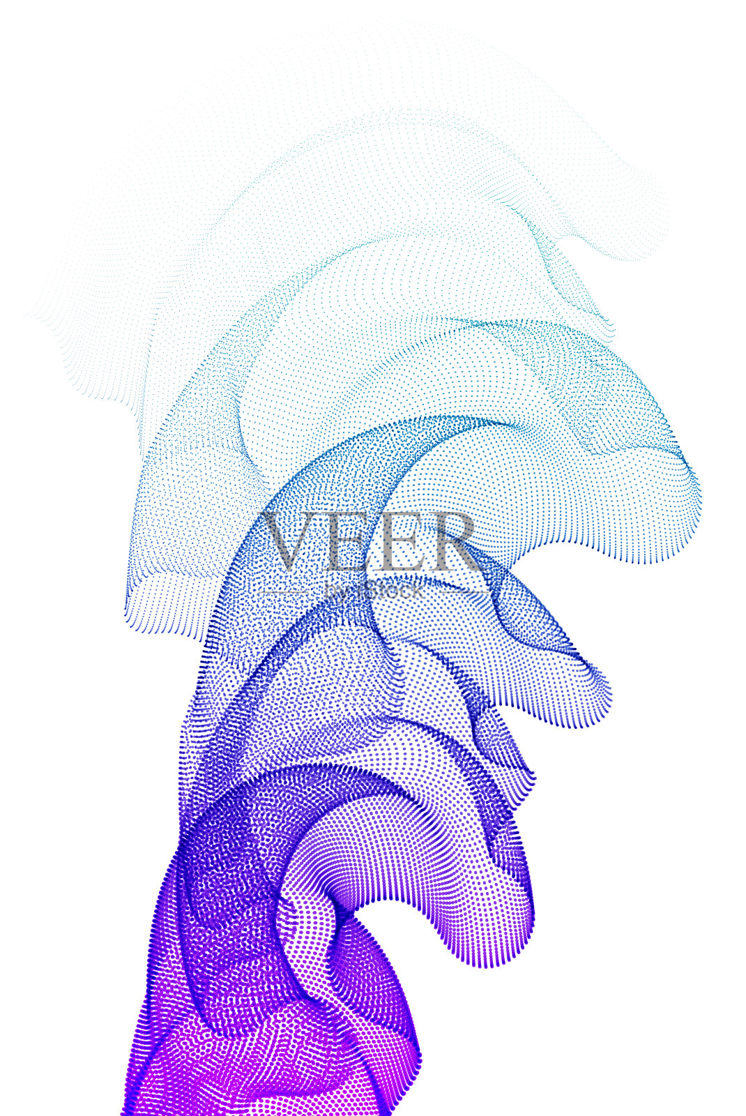 矢量抽象背景与流动的粒子波，平滑的曲线形状线条，透明的薄纱纺织品上的风。三维形状点魔术混合网格。插画图片素材