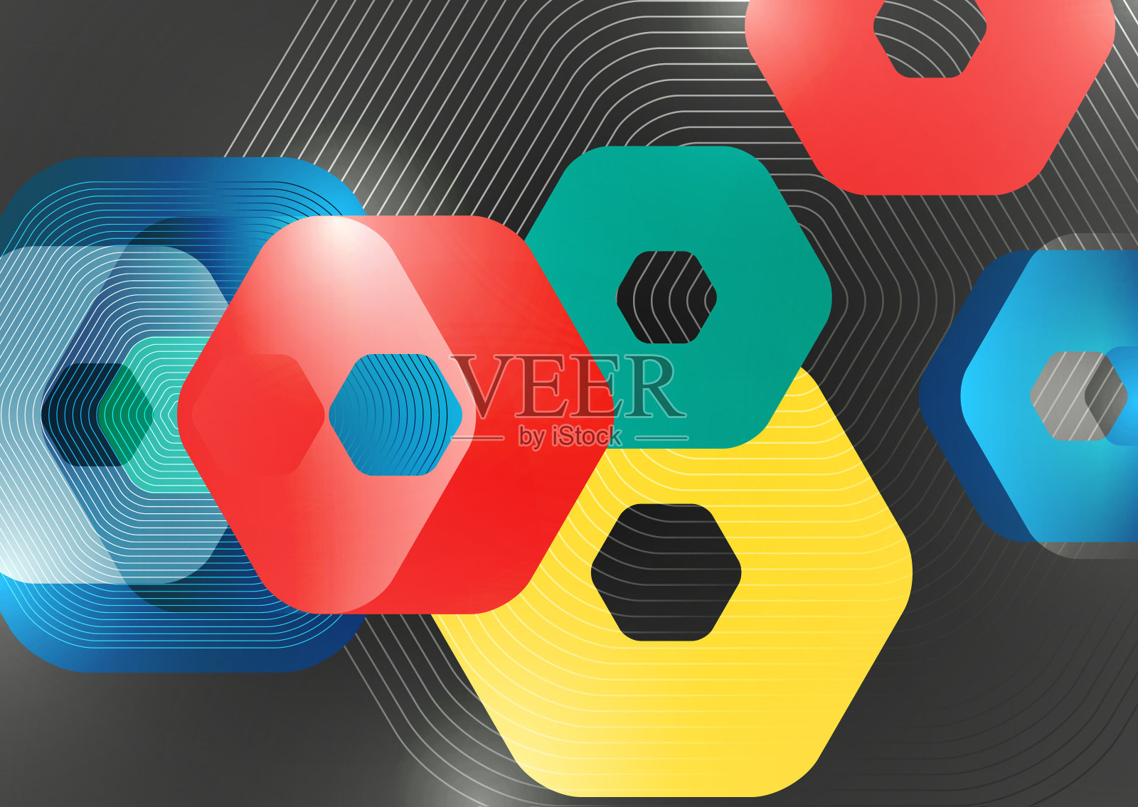 明亮抽象的六边形重叠几何形状在黑暗的背景上。业务演示模板。现代的几何设计。向量插画图片素材