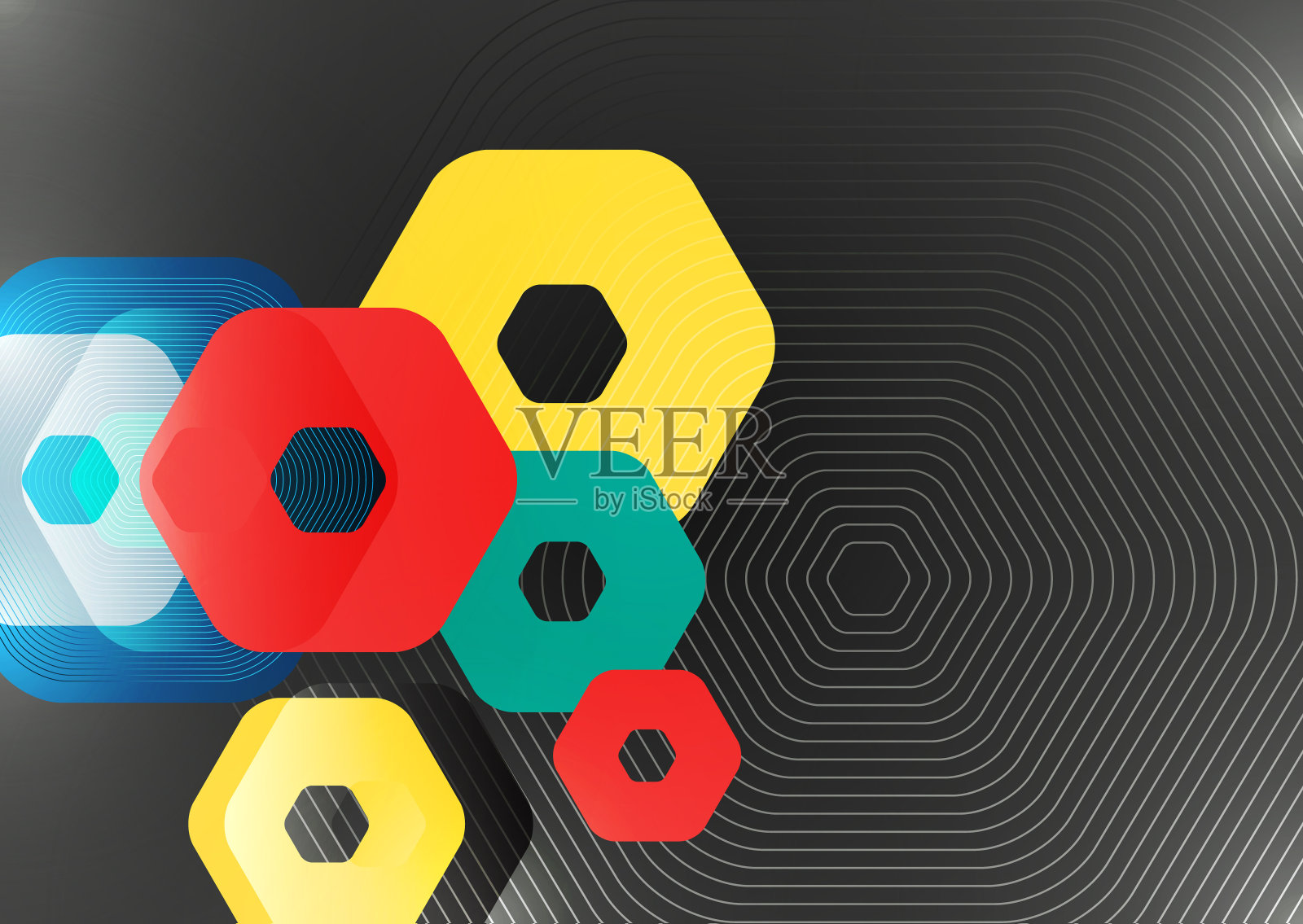 明亮抽象的六边形重叠几何形状在黑暗的背景上。业务演示模板。现代的几何设计。向量插画图片素材