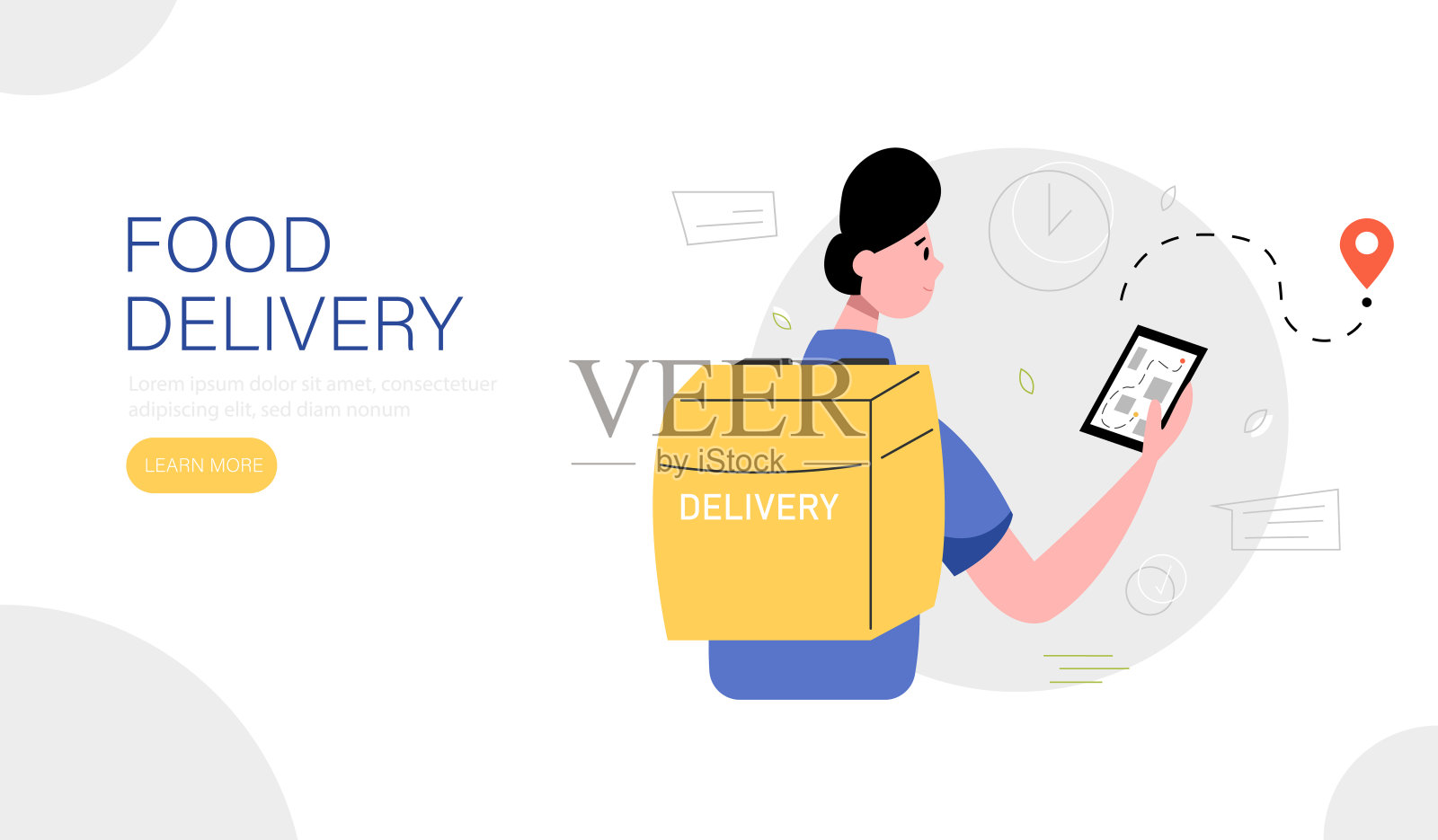送餐登陆页面模板。年轻人正在寻找一种快速的移动应用程序。快速交付的概念。矢量平面风格插图。插画图片素材