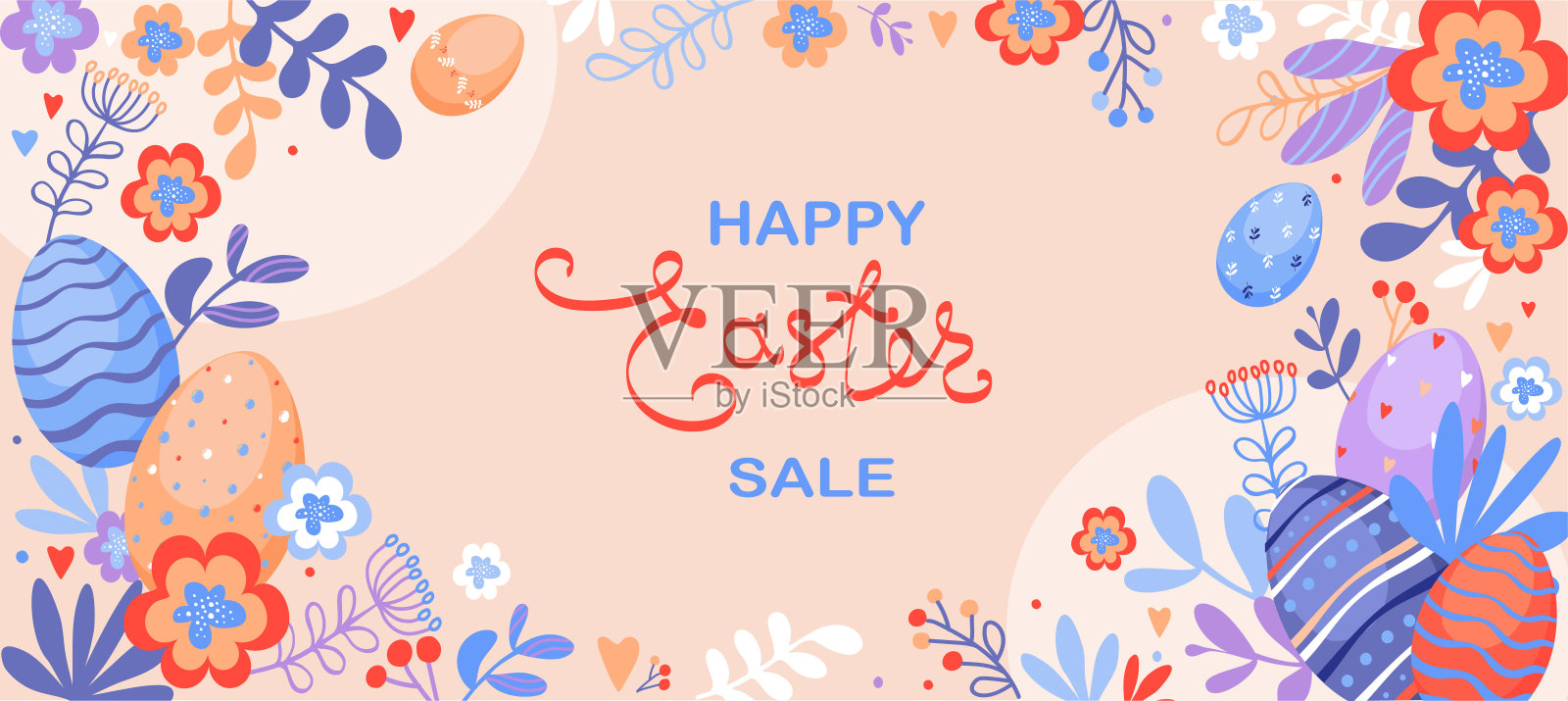 快乐的复活节销售海报背景与装饰鸡蛋和花卉图案。贺卡设计新潮。插画图片素材