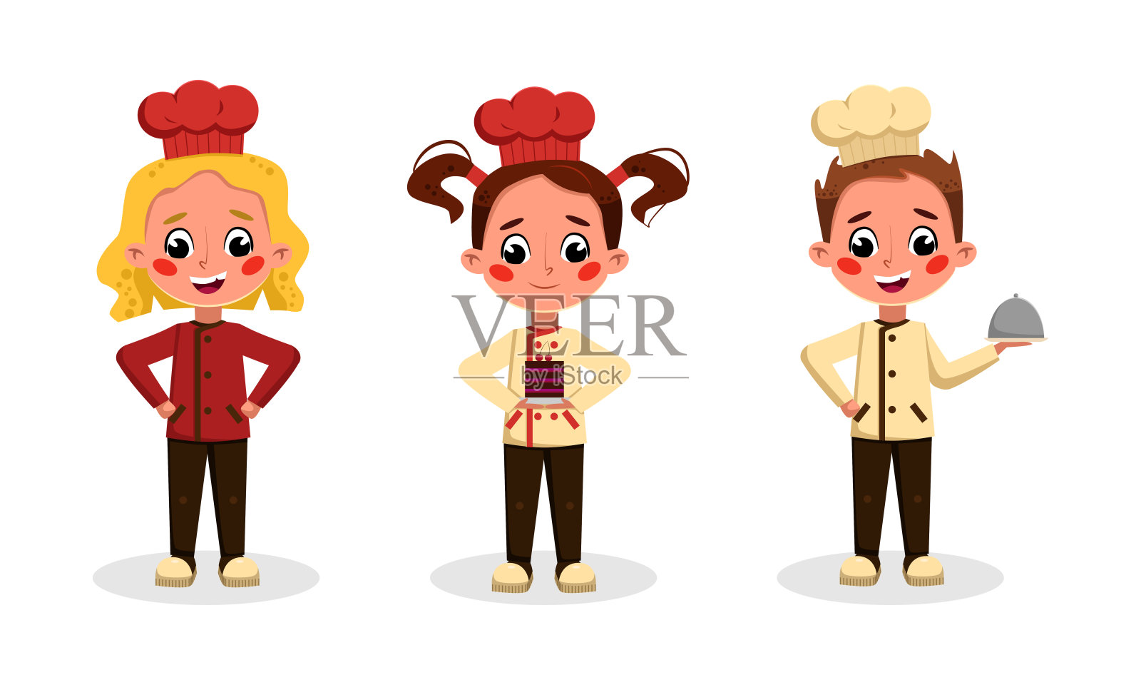 可爱的孩子们穿着制服，带着厨房用具。孩子厨师的角色与美味的菜肴卡通矢量插图设计元素图片