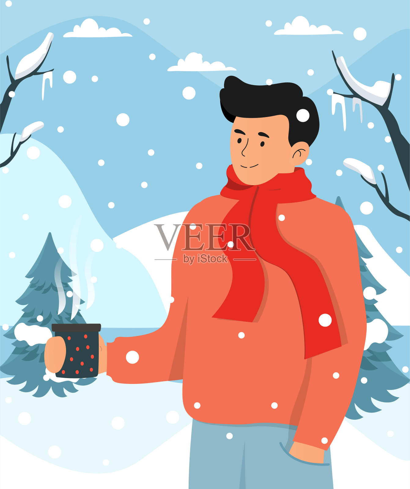 冬天的风景中，穿着暖和衣服的人在喝热咖啡插画图片素材