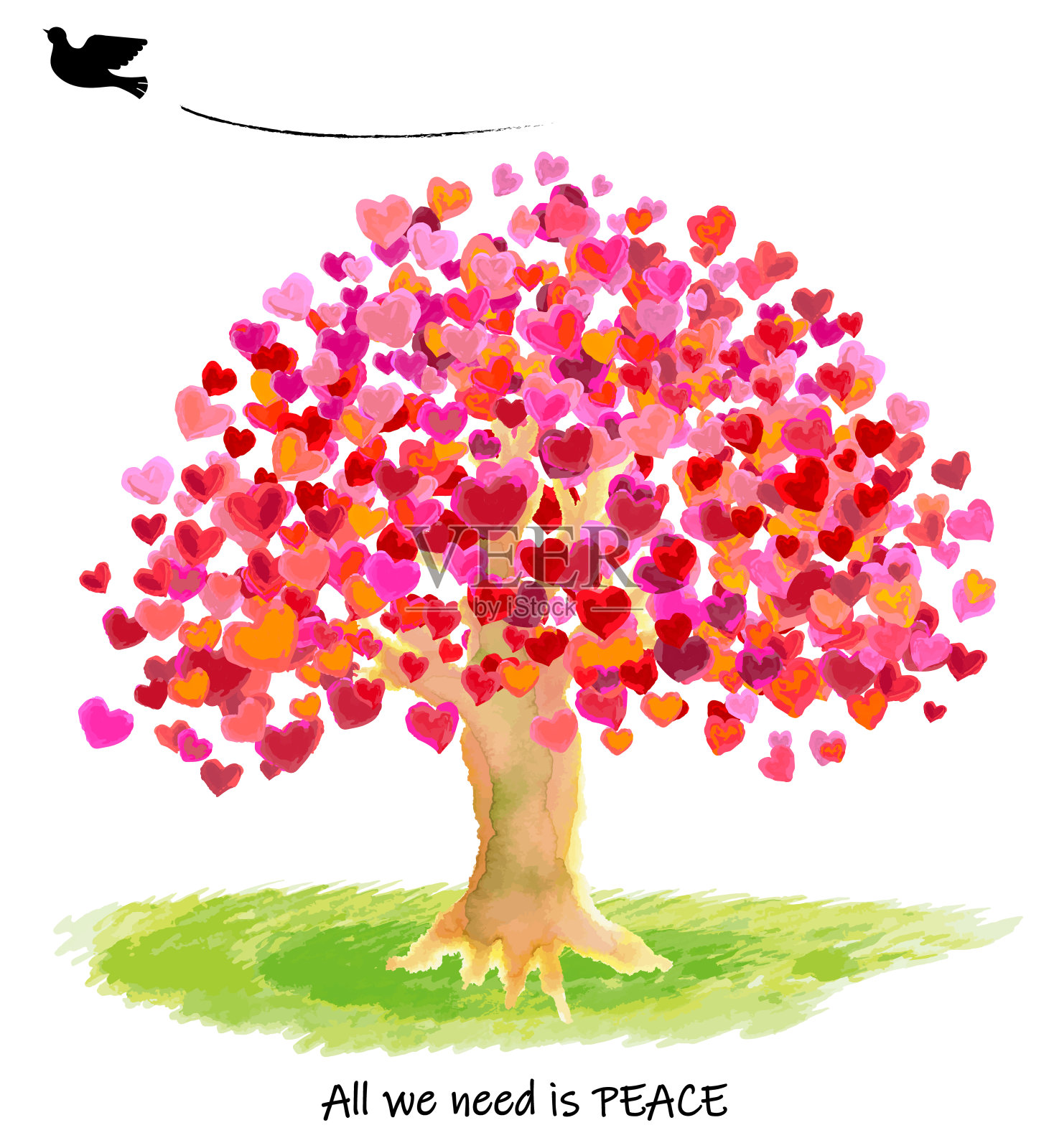 和平的鸽子和心形的叶子树插画图片素材