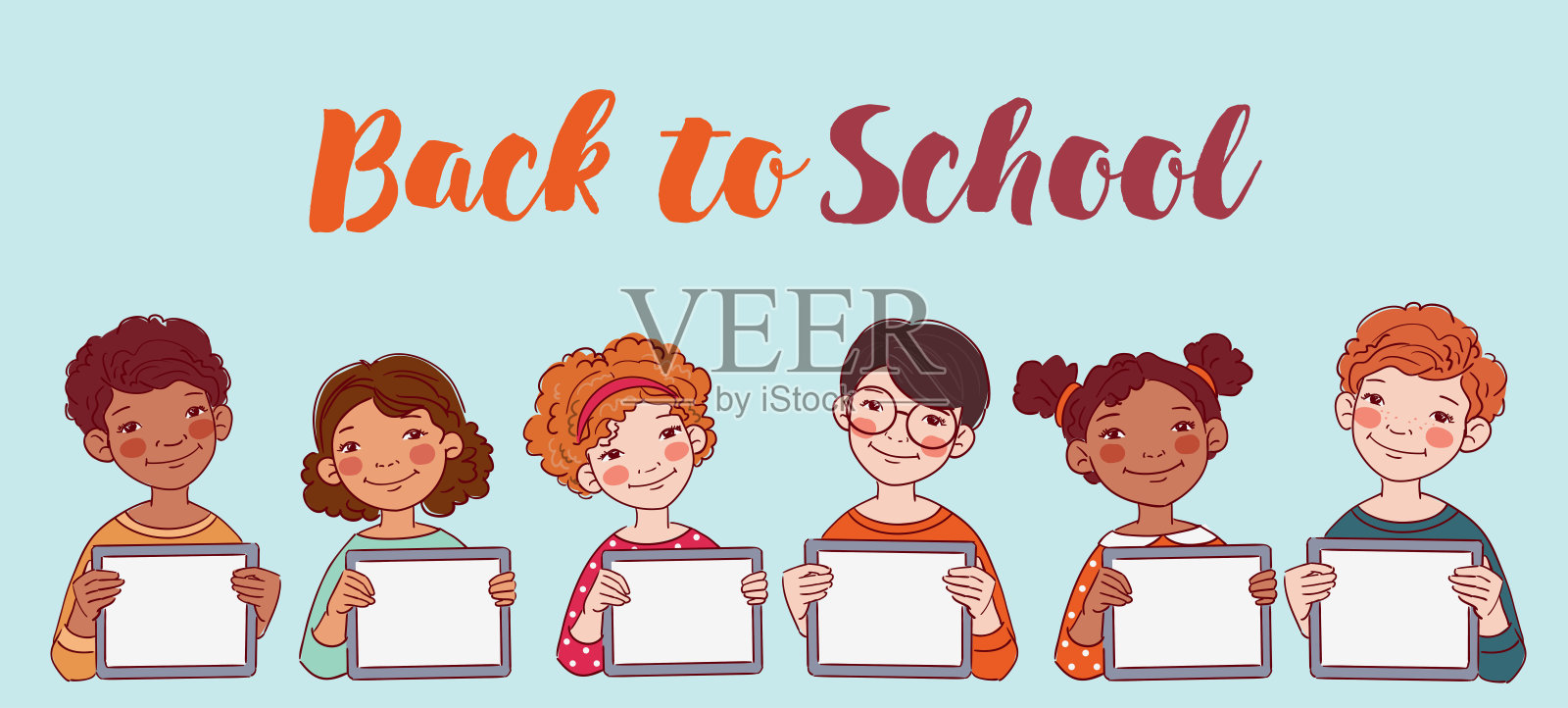 快乐的男孩女孩们展示着空白的平板电脑屏幕。可爱的孩子在用平板电脑。回到学校向量的概念插画图片素材