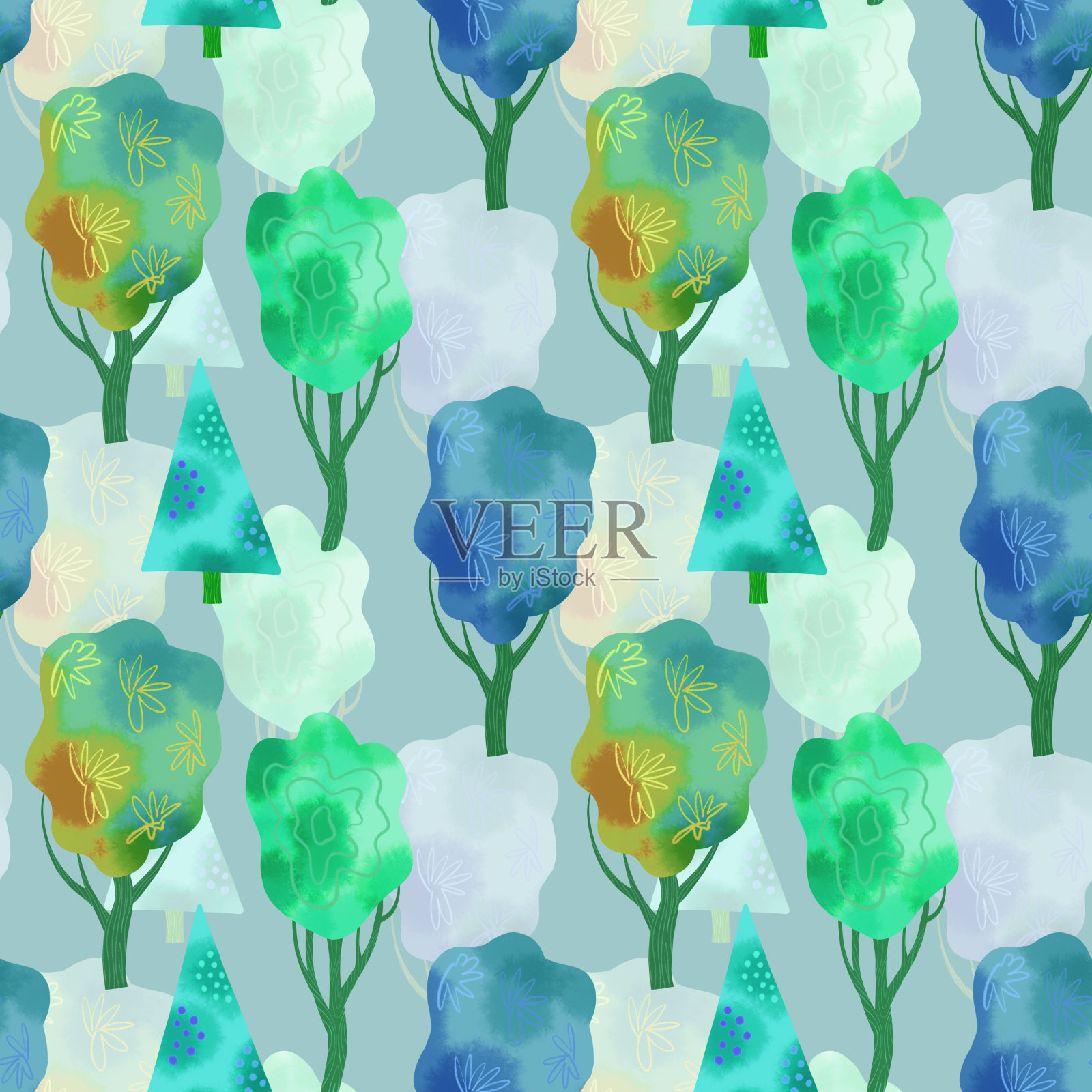 大自然无缝图案与彩色树木水彩。插画图片素材