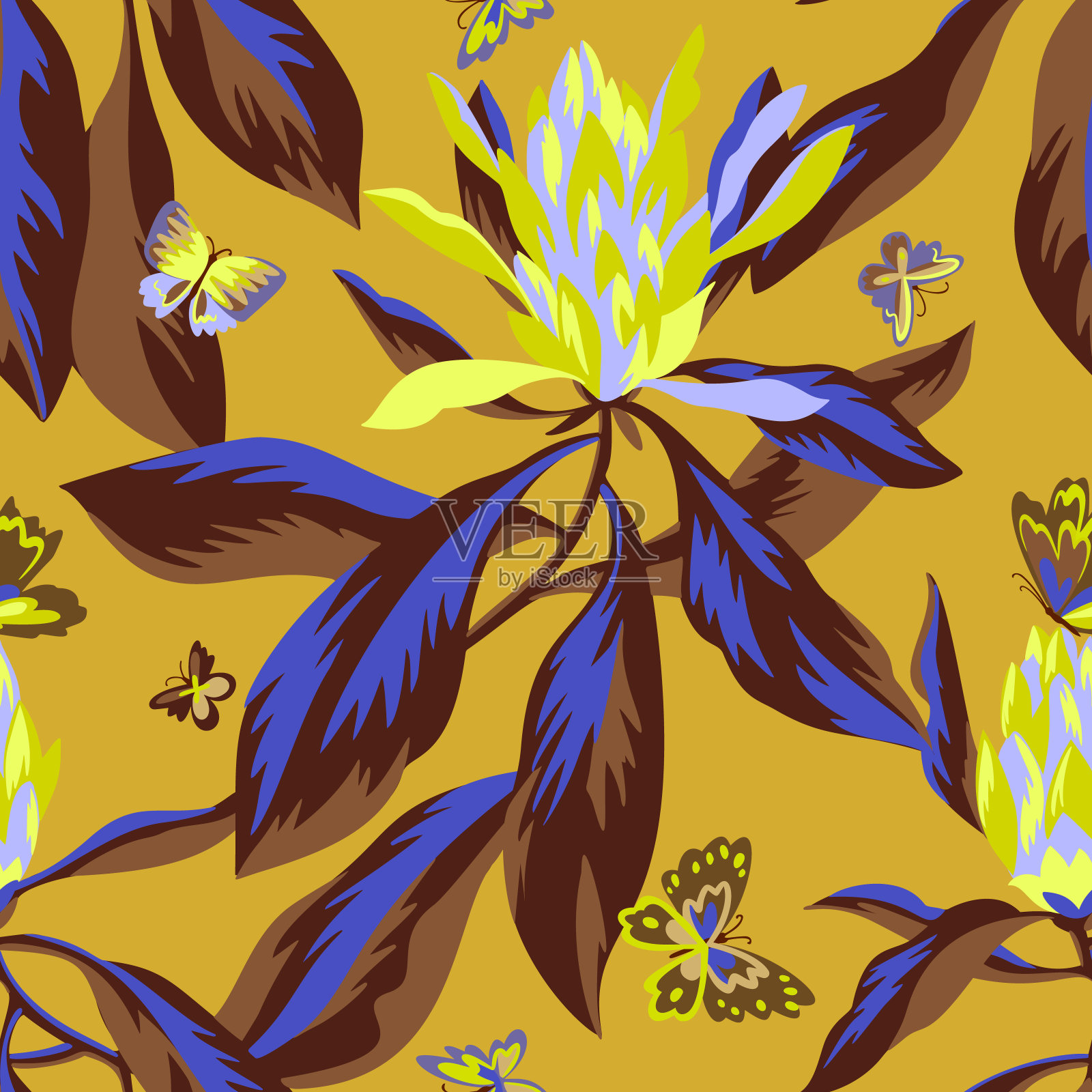 盛开的山龙眼。花无缝图案与大花和蝴蝶。植物结构。时尚的夏季点缀。适用于纺织、织物、包装、服装和床上用品。插画图片素材