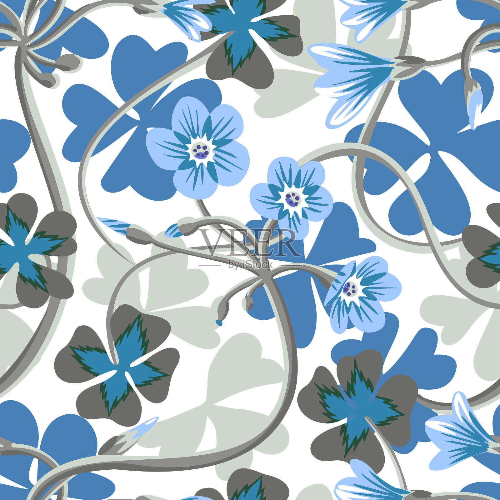 装饰盛开的野花。夏季花卉背景与雏菊剪影纹理。明亮的植物无缝图案。平面简单自然装饰，适用于织物、纺织品、壁纸等任何表面。插画图片素材