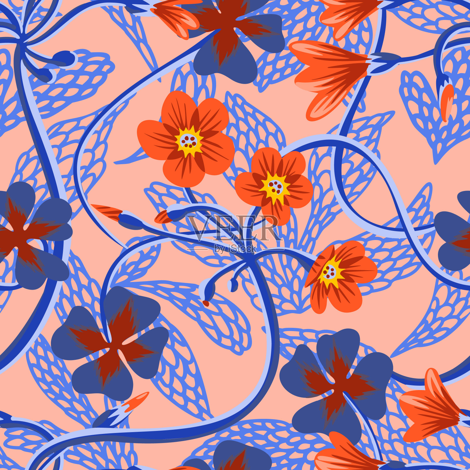 装饰盛开的野花。夏季花的背景与简单的剪影叶子。错综复杂的植物无缝模式。平面自然装饰织物，纺织品，壁纸，任何表面。插画图片素材