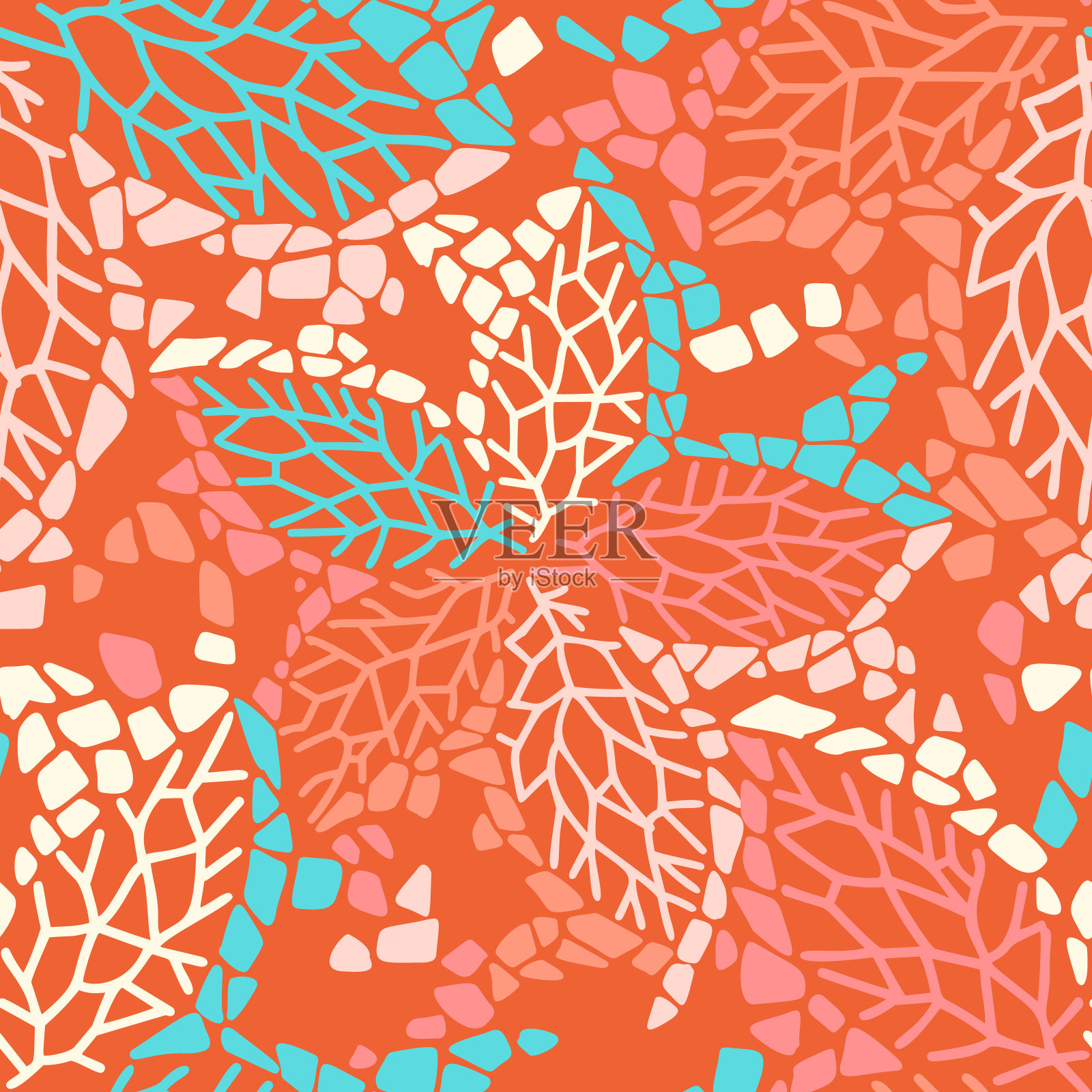 抽象无缝花背景。装饰性的花和叶。简单的平面插图。仿生的形状。彩色菱形、蜘蛛网、涂鸦等几何结构。插画图片素材