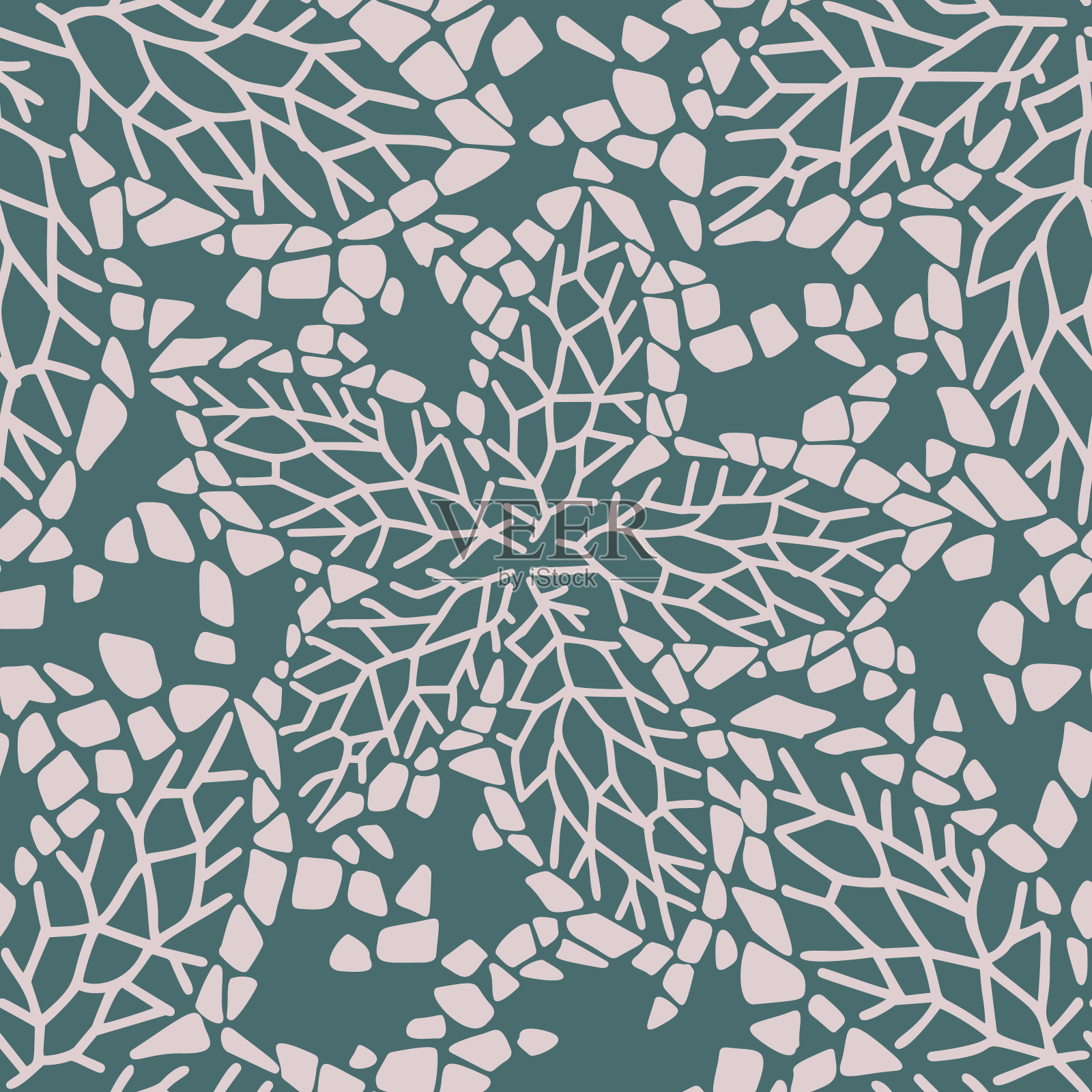 抽象无缝花背景。装饰性的花和叶。简单的平面插图。仿生的形状。彩色菱形、蜘蛛网、涂鸦等几何结构。插画图片素材